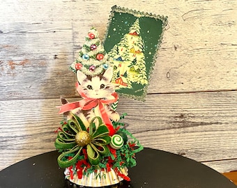Ensamblaje de gato navideño retro: Decoración vintage para bandejas de diferentes niveles