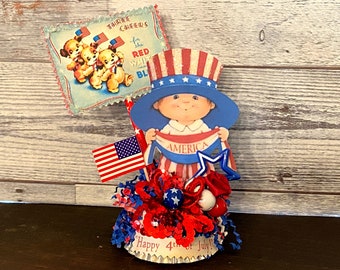 Retro Patriotic Boy Vintage 4th of July Decor Americana Decor Table Decoration Red White and Blue MCM Patriotic Independence Day Decoration