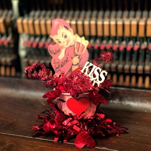 Retro Valentines Day Decor Kitschy Devil Valentine Handmade Vintage Valentine Decor OOAK Creepy Valentine Card Kiss Me