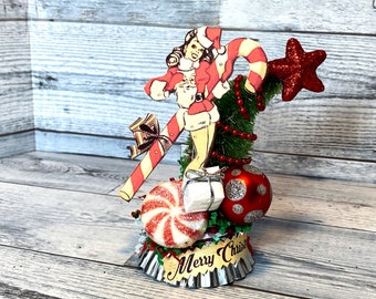 Vintage Inspired Pin Up Christmas Girl Candy Cane Christmas Retro Christmas Decor MCM Christmas Decoration Handmade Kitschy Christmas