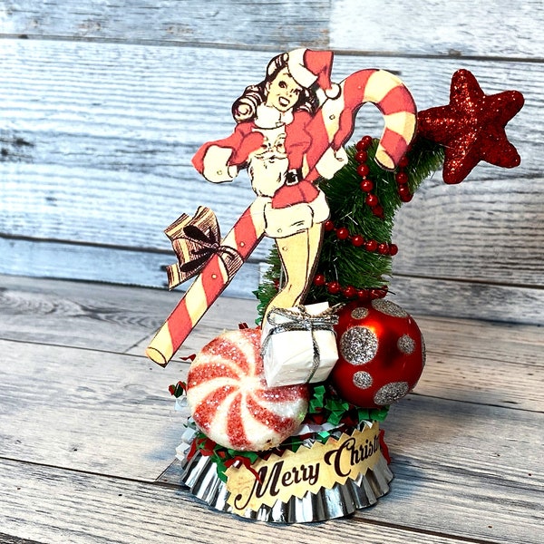 Vintage Inspired Pin Up Christmas Girl Candy Cane Christmas Retro Christmas Decor MCM Christmas Decoration Handmade Kitschy Christmas