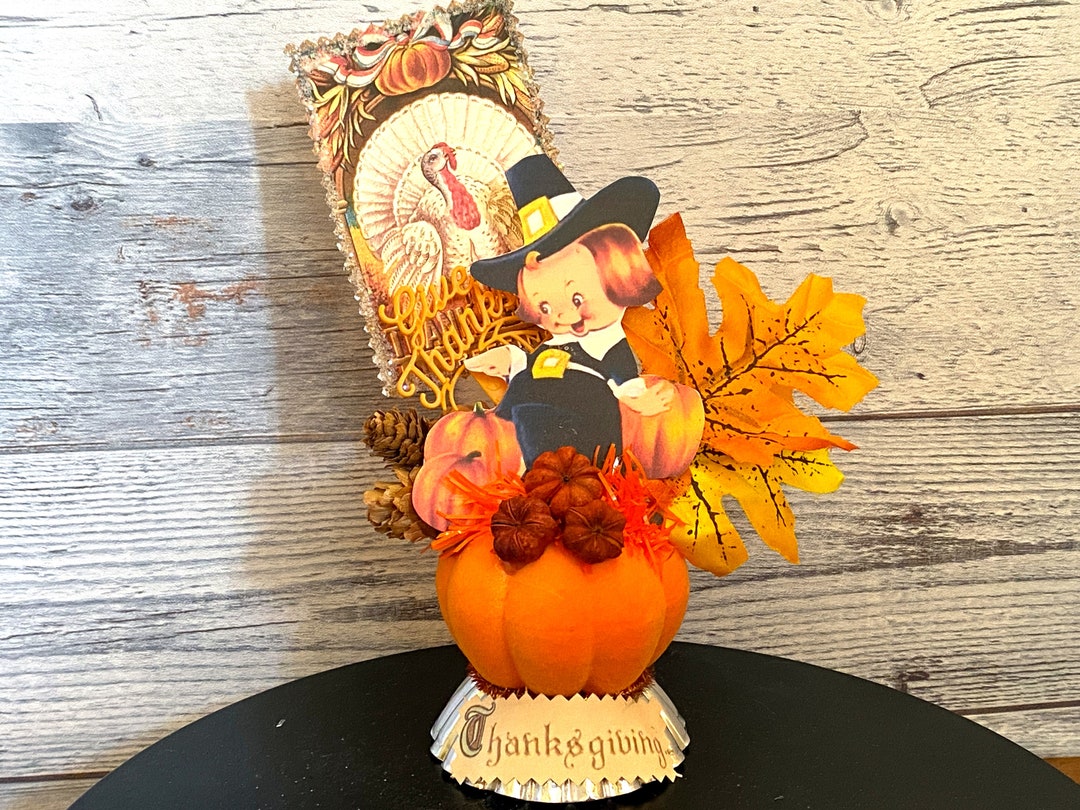 Vintage Thanksgiving Pilgrim Decor: Flocked Pumpkin & Tart Tin - Etsy