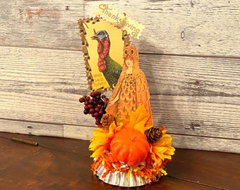 Vintage Fall Decoration Retro Thanksgiving Owl Girl Vintage Thanksgiving Decor Autumn Decor MCM Give Thanks Turkey Decor Handmade Fall