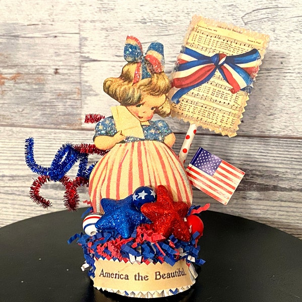 Vintage Americana Decor Retro 4th of July Happy Independence Day Vintage Patriotic Decor Tier Tray Decor Vintage Flag America the Beautiful