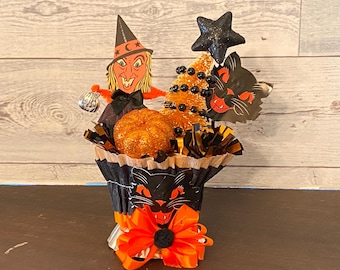 Vintage Halloween Nut Cup Decoration: Witch, Black Cat, Handmade Decor