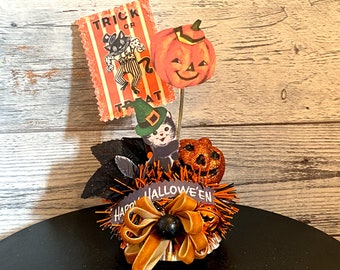 Retro Halloween Black Cat Decor: Vintage Inspired Jack O Lantern Tier Tray