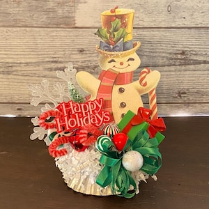 Retro Christmas Decor MCM Christmas Snowman Vintage Snowman Snowflakes 1950s Christmas Kitsch Christmas Assemblage Retro Snowman Tier Tray