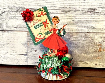 Retro Christmas Decor MCM Christmas Decor Vintage Christmas Decoration Ornaments Merry Christmas Kitsch Christmas Assemblage Tart Tin