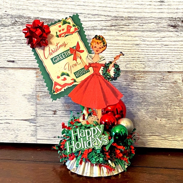 Retro Christmas Decor MCM Christmas Decor Vintage Christmas Decoration Ornaments Merry Christmas Kitsch Christmas Assemblage Tart Tin