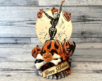 Vintage Halloween Skeleton & Jack O'Lantern Assemblage Art