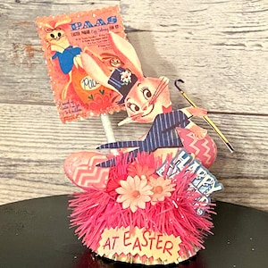 Retro Easter Decor Vintage Easter Bunny Kitschy Easter Assemblage MCM Easter Bunny Decoration PInk and Blue Spring Decor Shabby Chic
