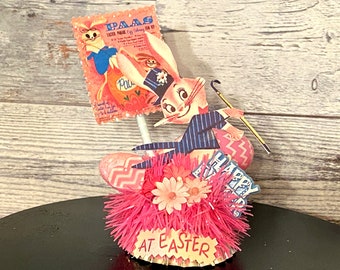 Retro Easter Decor Vintage Easter Bunny Kitschy Easter Assemblage MCM Easter Bunny Decoration PInk and Blue Spring Decor Shabby Chic