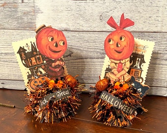 Retro Halloween Jack O Lanterns Decor Set of 2 Vintage Halloween Decoration Cute Halloween Decor Halloween Assemblage Unique Halloween Table