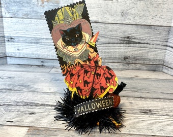 Art Deco Witch Vintage Halloween Decor Black Cat Halloween Decoration Assemblage Art Witch Decor Unique MCM Halloween OOAK Table Decoration