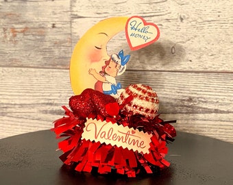 Retro Valentine Decor Kissing the Moon Vintage Valentine Decoration Tier Tray Decor Kitschy Happy Valentines Assemblage Red Hearts Handmade