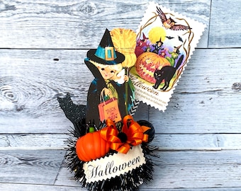 Retro Halloween Witch Black Cat Vintage Halloween Decor Unique Halloween Assemblage Tier Tray Decor Centerpiece Table Decor Vintage Witch