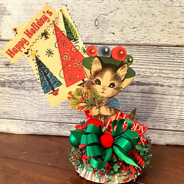 Retro Christmas Cat Assemblage: Vintage Holiday Table Decor