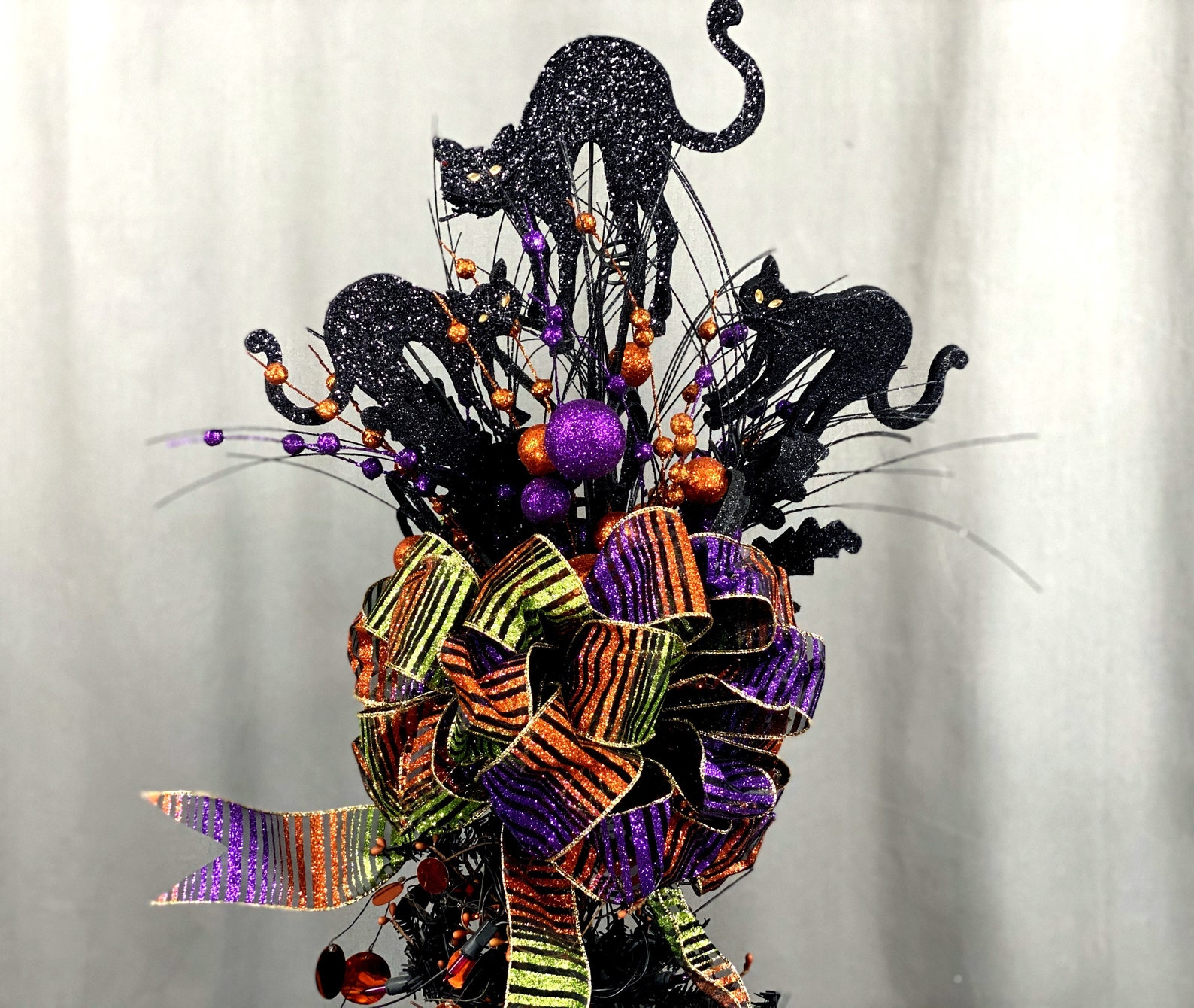 Black Cat Halloween Tree Topper Orange and Purple Tree Topper Etsy