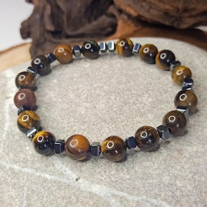 Natural Stone,Tiger&#39;s Eye-Hematite 8mm Beaded Bracelet for Men and Women,Handmade Unisex Healing Energy Stone Jewelry Gift for Him or Her