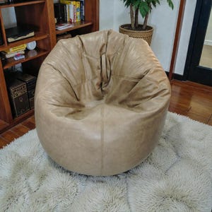 Modern Faux Leather Bean Bag Chair, Tan Brown Adult Lounge Chair, Minimalist Living Room Seating, Dorm/Bedroom Furniture