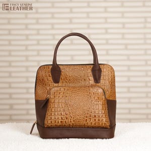 Elegant Brown Embossed Leather Tote Bag | Stylish Everyday Shoulder Bag with Gold Zip | Modern Python Print Handbag