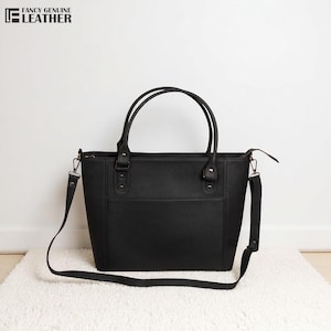 Elegant Black Genuine Leather Tote Bag – Large Handbag with Shoulder Strap – Work, Travel, Everyday Use – Fancy Genuine Leather