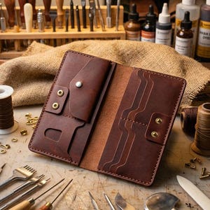 May include: Open brown leather wallet with multiple card slots and a snap closure. The wallet is displayed open, showcasing its interior design. Leatherworking tools, including knives and punches, surround the wallet on a wooden surface.