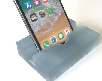 CLOSEOUT-Misty Blue Groove Resin iPhone Stand, Resin Business Card Holder,Zoom Meeting Stand, Facetime Stand, Sustainable Gift