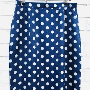 Vintage Classic Blue Polka Dot Silk Straight Pencil Pleat Skirt Medium 8