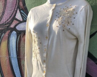 Vintage 1950s LAMPL off white Light Embellished Knit Cardigan Top Small