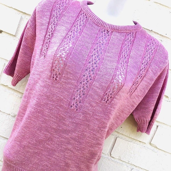 Vintage Pretty in Pink Cable Knit Short Sleeve Sweater Top Chic Medium
