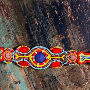 Vintage hand crafted bright multicolored beaded bracelet cuff