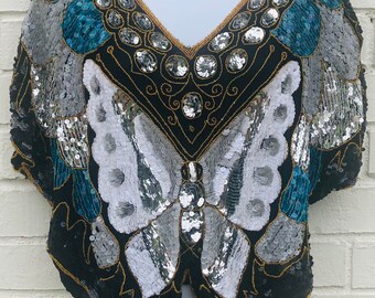 Vintage Butterfly Glam Sequins Embroidered Blouse Top Rare Star Group Small Medium