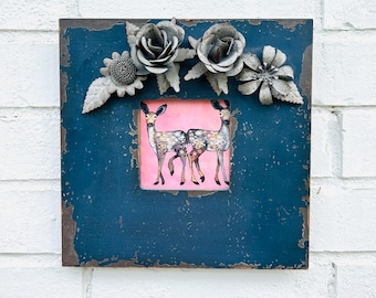Vintage Metal Tin Floral Chic Shabby Recycled Wall Art Embellished Photo Frame Home Decor