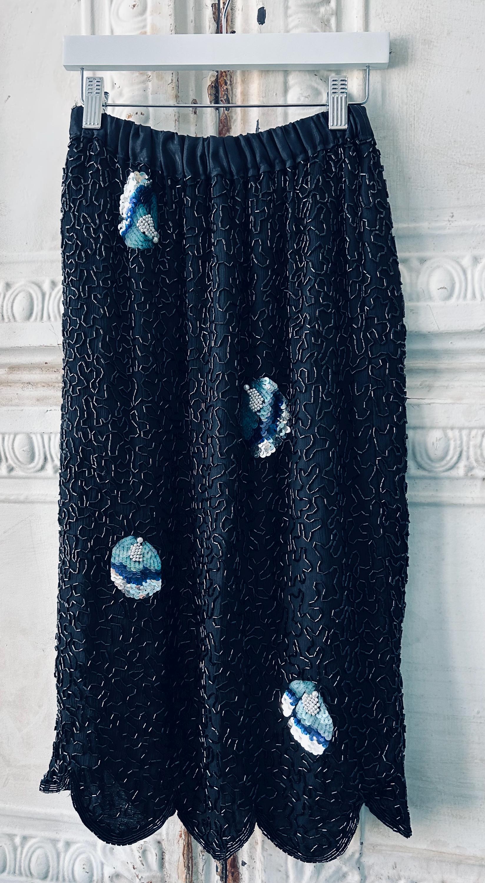 Vintage Glam Black Silk Sequin Bead Embroidered Gorgeous Pencil Skirt XS-S
