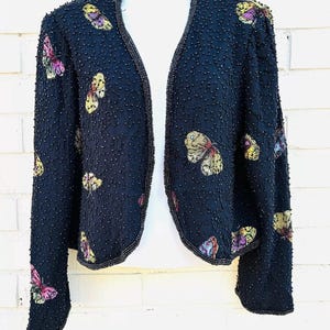 Vintage New Options Black Butterfly Embellished Blazer Bolero Sequins Glam Top M