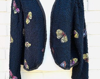 Vintage New Options Black Butterfly Embellished Blazer Bolero Sequins Glam Top M