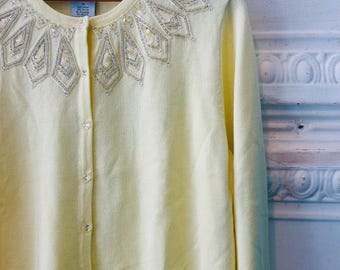 Vintage Bob Mackie Knit Cardigan Sequin Beaded Sweater Wearable Art Yellow Med