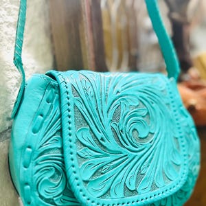 New STUNNING Origenes D. Luna Turquoise Western Hand Tooled Leather Crossbody Bag