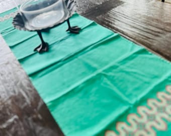 Vintage Handmade Embroidered Teal Green Textile Art Multiuse Runner