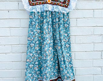 Vintage Handmade Lace Multicolor Floral Western Boho Shift Dress Medium