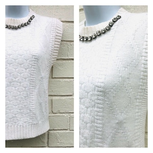 Vintage Knit Sweater Vest White Embellished Neckline Top Small