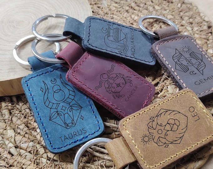 Zodiac Sign Leather Keychain: Personalized Astrology Gift