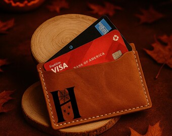 Personalized Leather Card Holder: Custom Halloween Wallet for Men