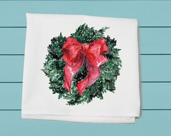 Couronne de Noël avec nœud rouge, serviette de sac de farine, serviette suspendue de cuisine de porte de four, cadeau de Noël, serviette en coton, décor d’hiver, cadeau pour elle