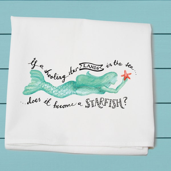 mermaid shooting star, flour sack towel, cotton towel, summer living, mermaid, hostess gift