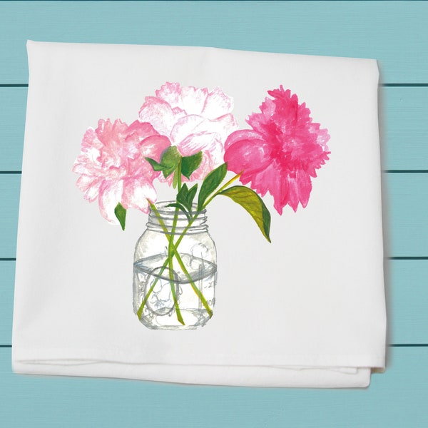 peonies in a jar, flour sack towel, cotton kitchen towels, spring living, hostess gift, summer flowers