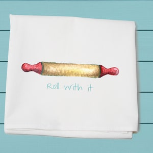 roll with it, flour sack towel, kitchen decor, cotton towels, vintage kitchen tools