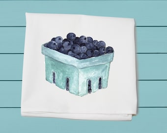 pint of blueberries, flour sack towel, cotton towels, garden, fresh fruit, spring art,