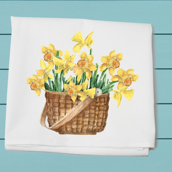 daffodils in basket ~ kitchen towels ~ decorative towel, easter decor, spring flowers